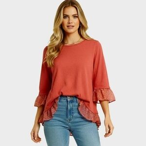 LOFT Outlet Coral Floral Chiffon Trim Top M